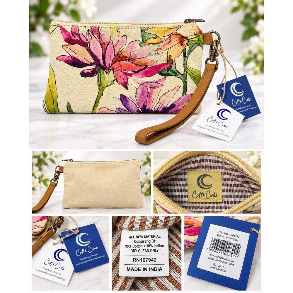 Cotton Curls Wild Aster Floral Canvas Wristlet Clutch Leather Strap NWT